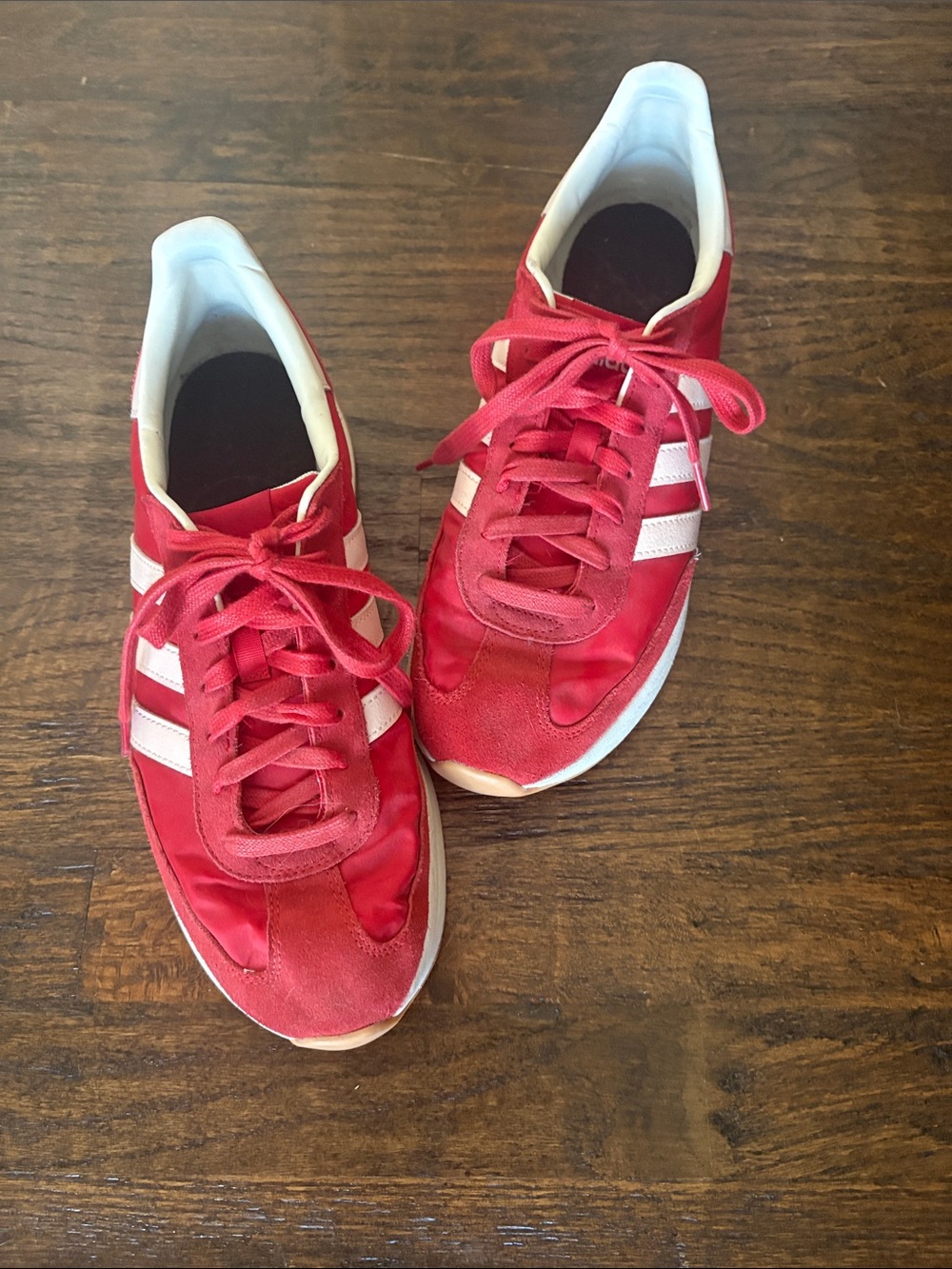 Adidas Women's Red Athletic Sneakers with White Stripes